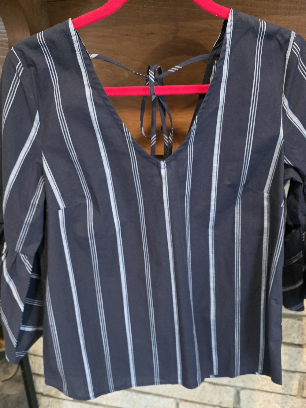 Tommy Hilfiger Navy and White Vertical Stripe V-Neck Bell Sleeve Blouse - Picture 2 of 7